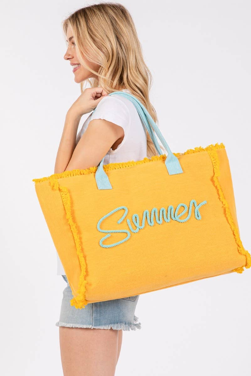 Embroidered Summer Print Fringe Tote Bag