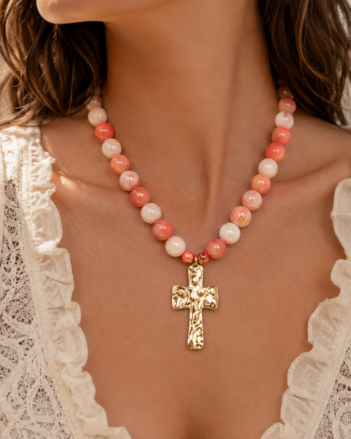 Hammered Cross Pendant Beaded Statement Necklace - 5 Color