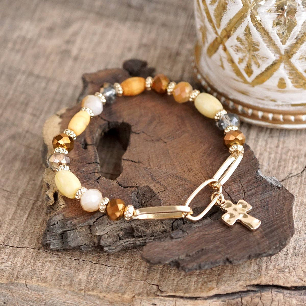 Beaded Cross Charm and Chain Bracelet - Azure Faith