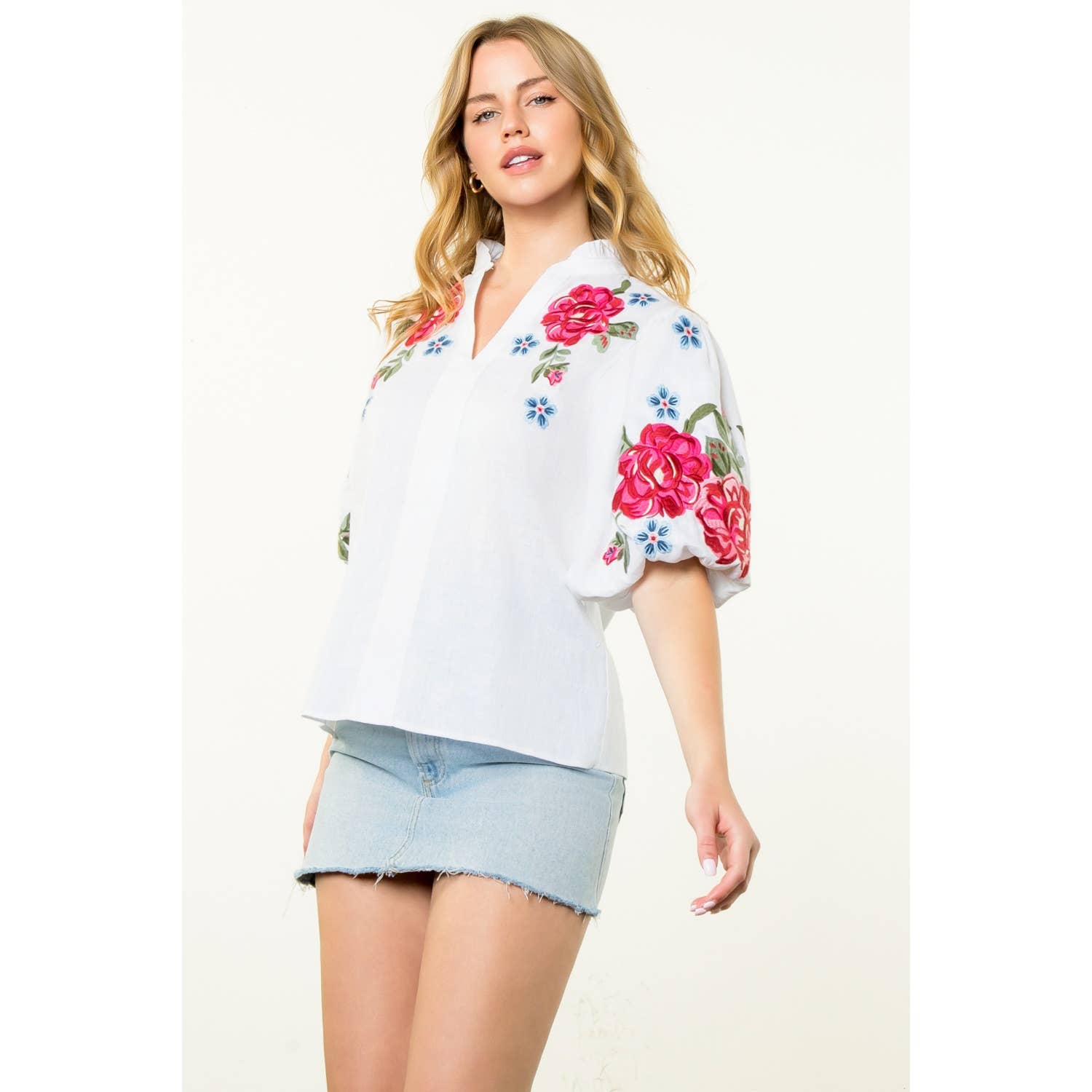 Flower Embroidered Puff Sleeve Top