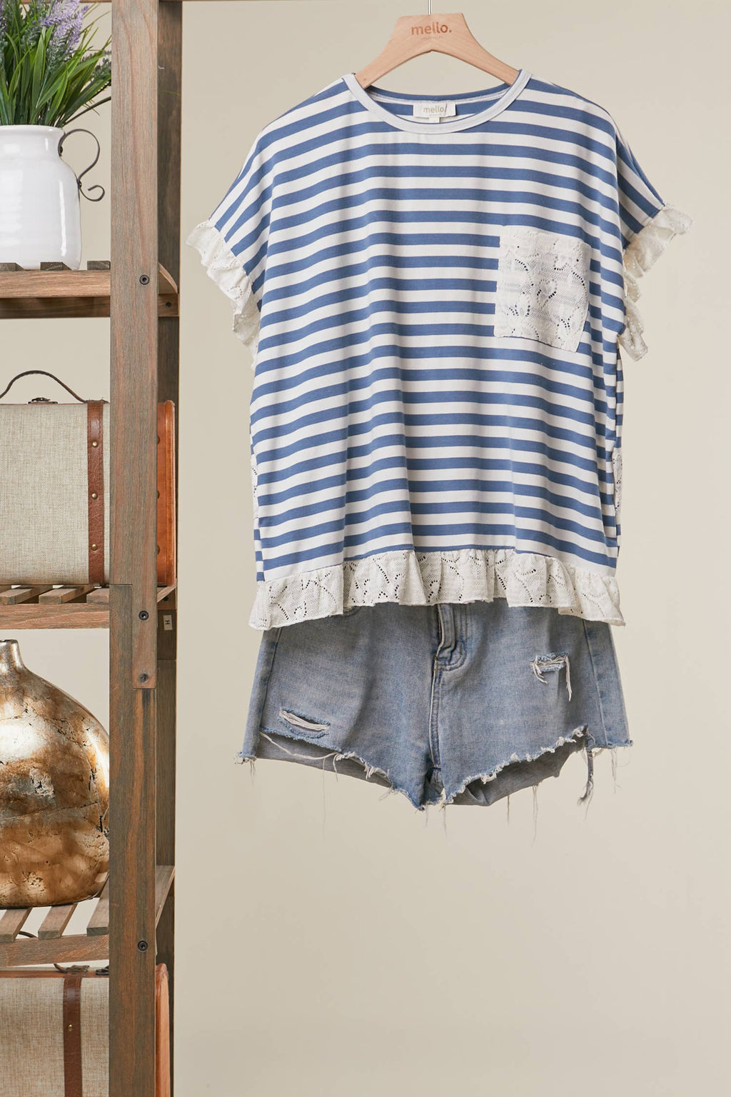 Striped Lace Trim Relaxed Top