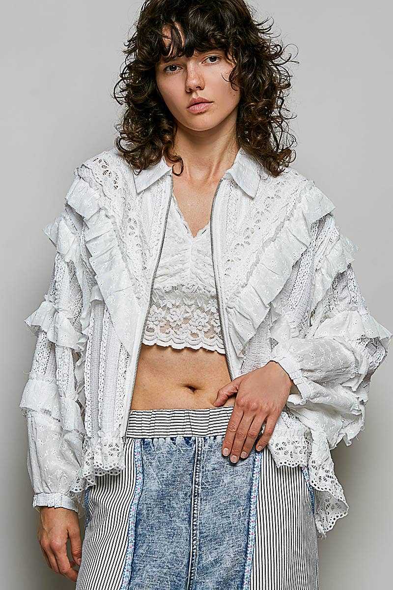 Eyelet Ruffle Floral Trim Lace Zip-Up Jacket
