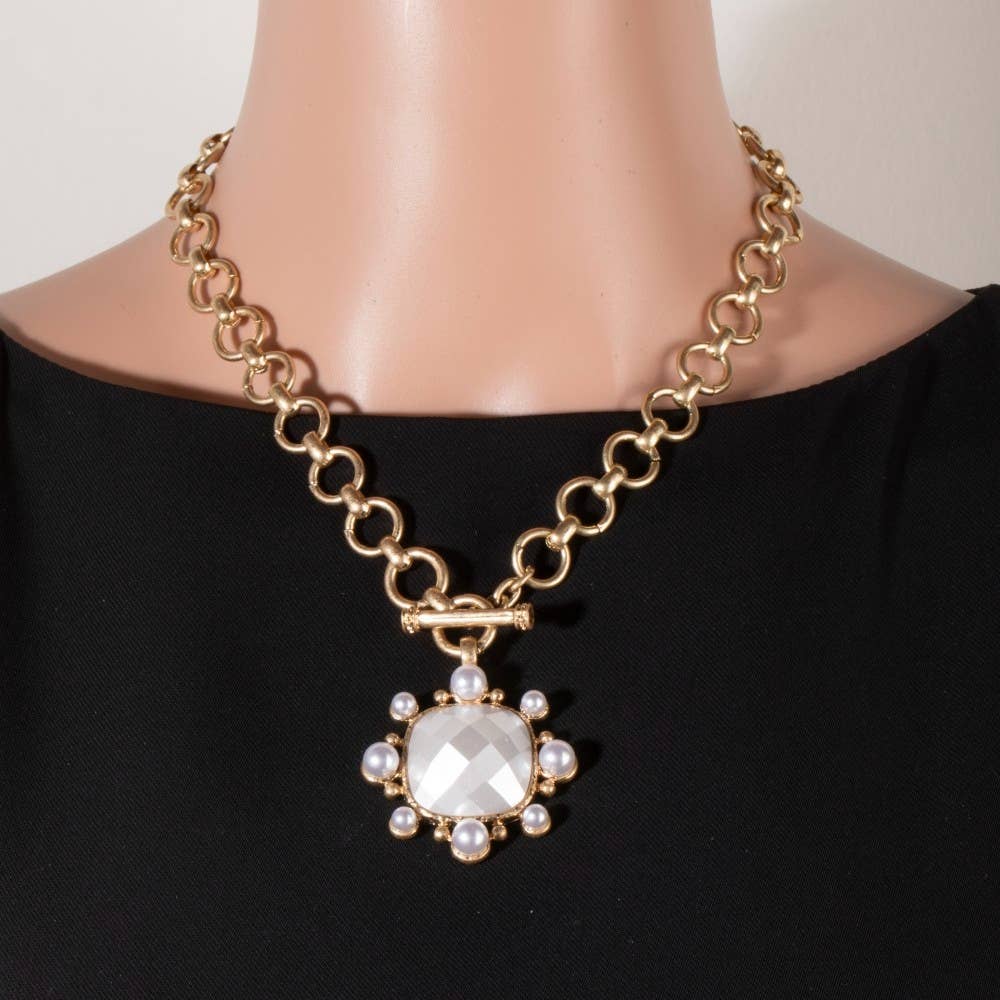 Chain Link Faceted Square Stone Pendant Necklace Set