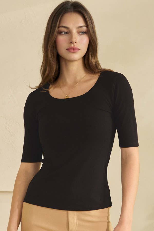 Pure Comfort Modern Mid Sleeve Ribbed Fitted Top