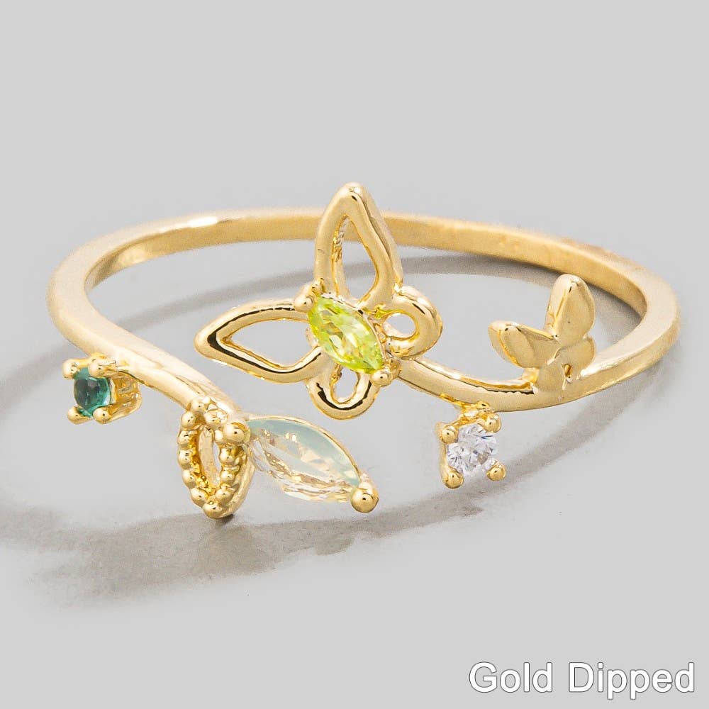 Gold Dipped Cz Leaf And Butterfly Open Ring