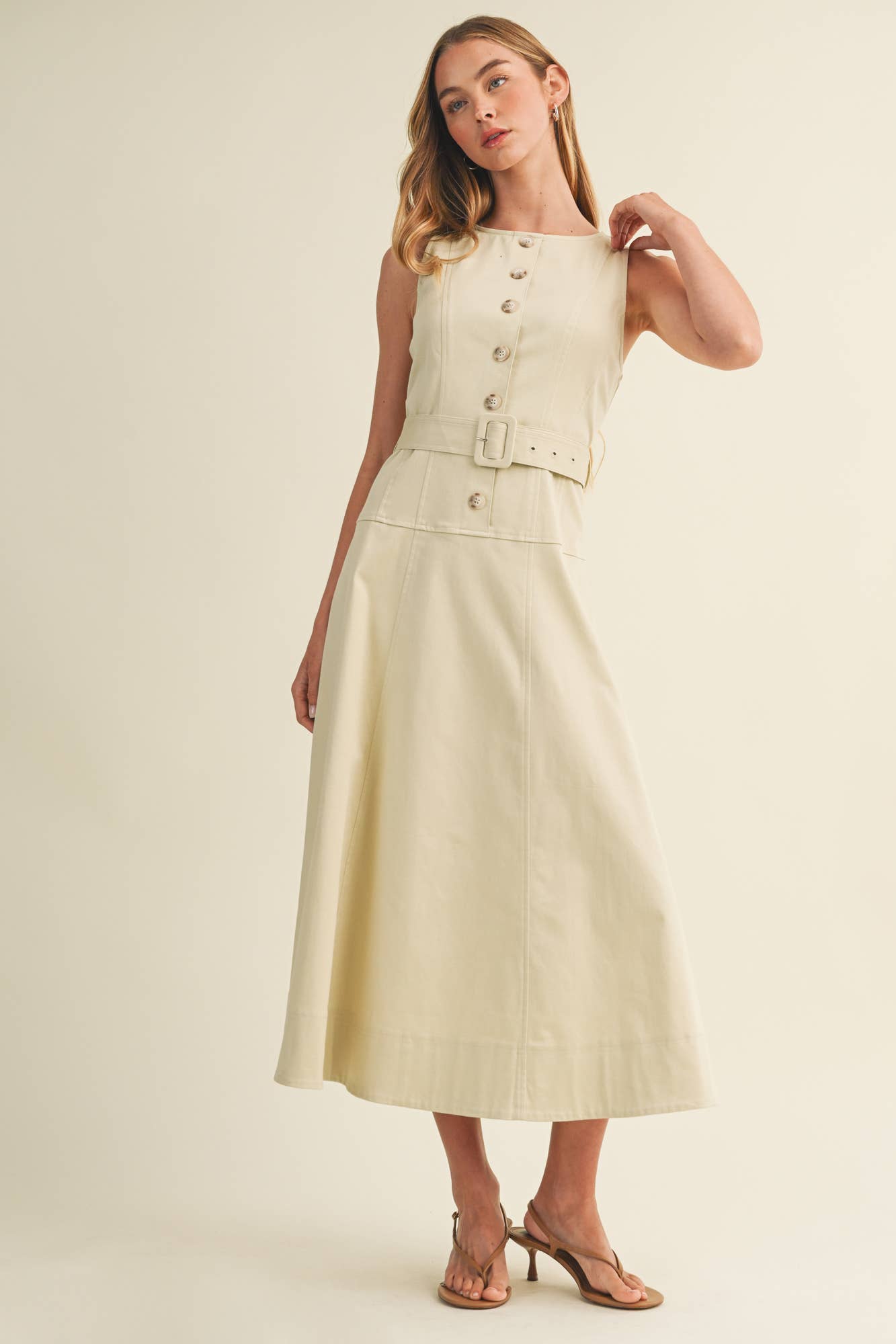 Buckle Belt Topstitch Maxi Dress