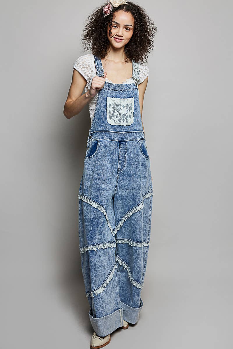 Casual Straight Leg Lace Trim Adjustable Strap Overalls