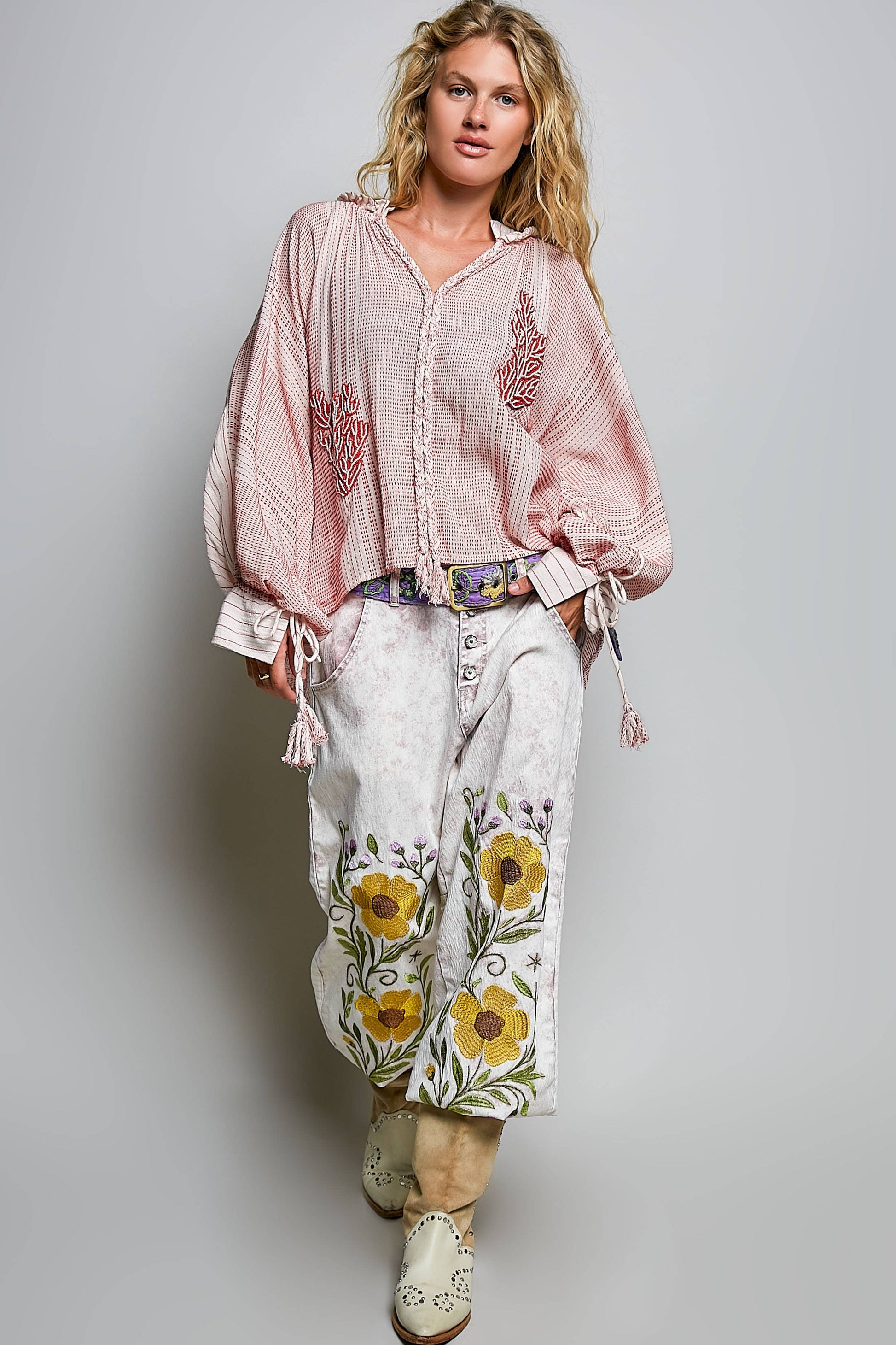 Coral Beading Bold Embroidery Tassel Tie Sleeve Woven Top