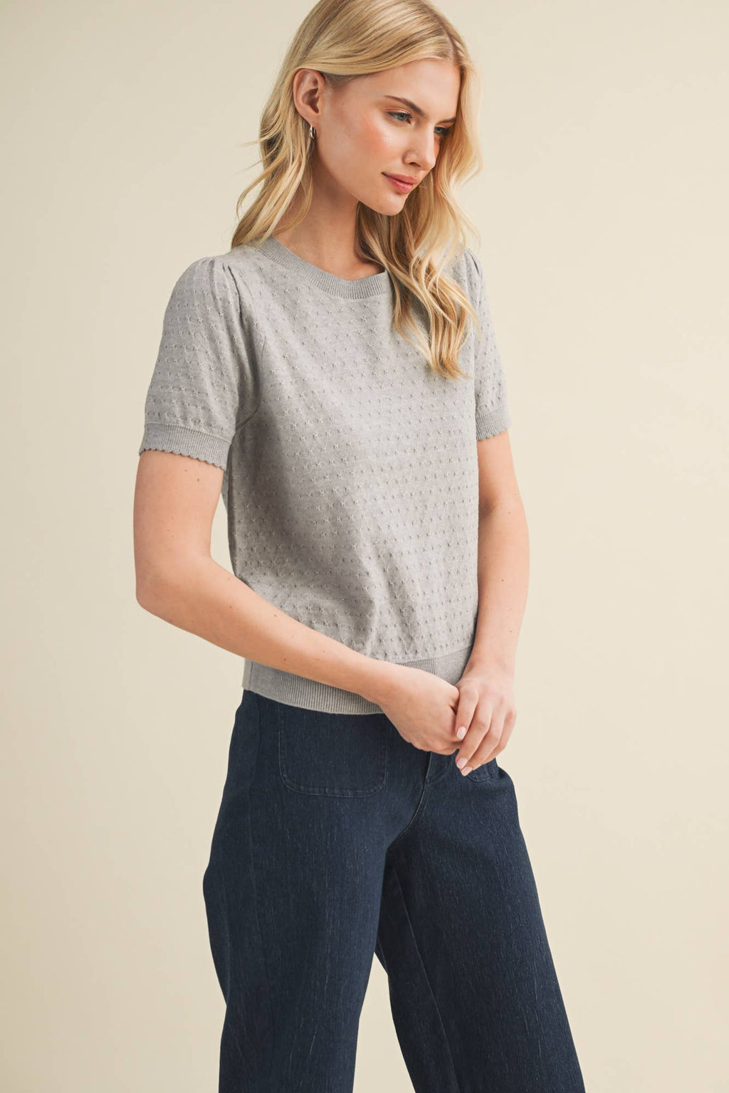 Starburst Pointelle Puff Sleeve Sweater