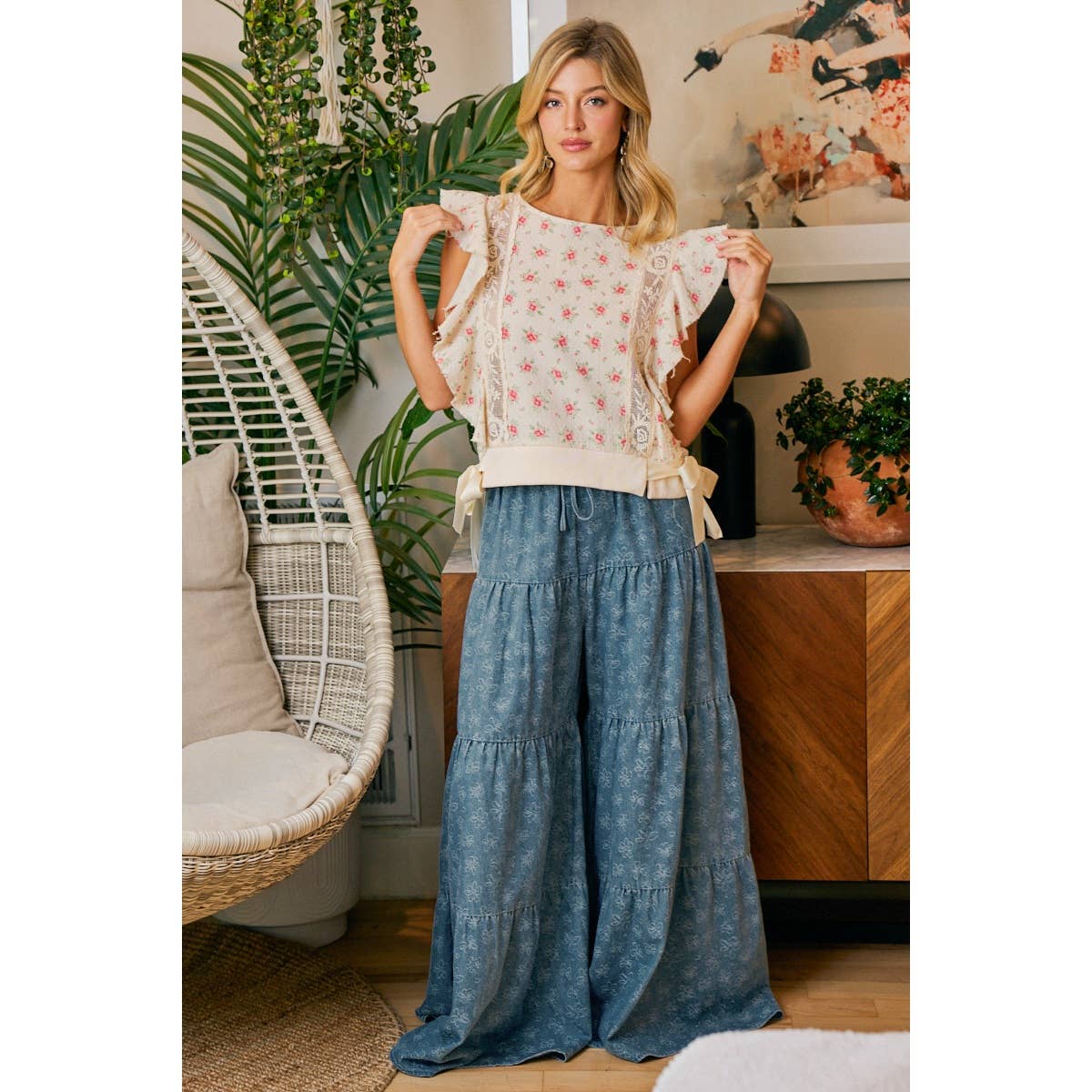 Daisy Tiered Floral Denim Pants