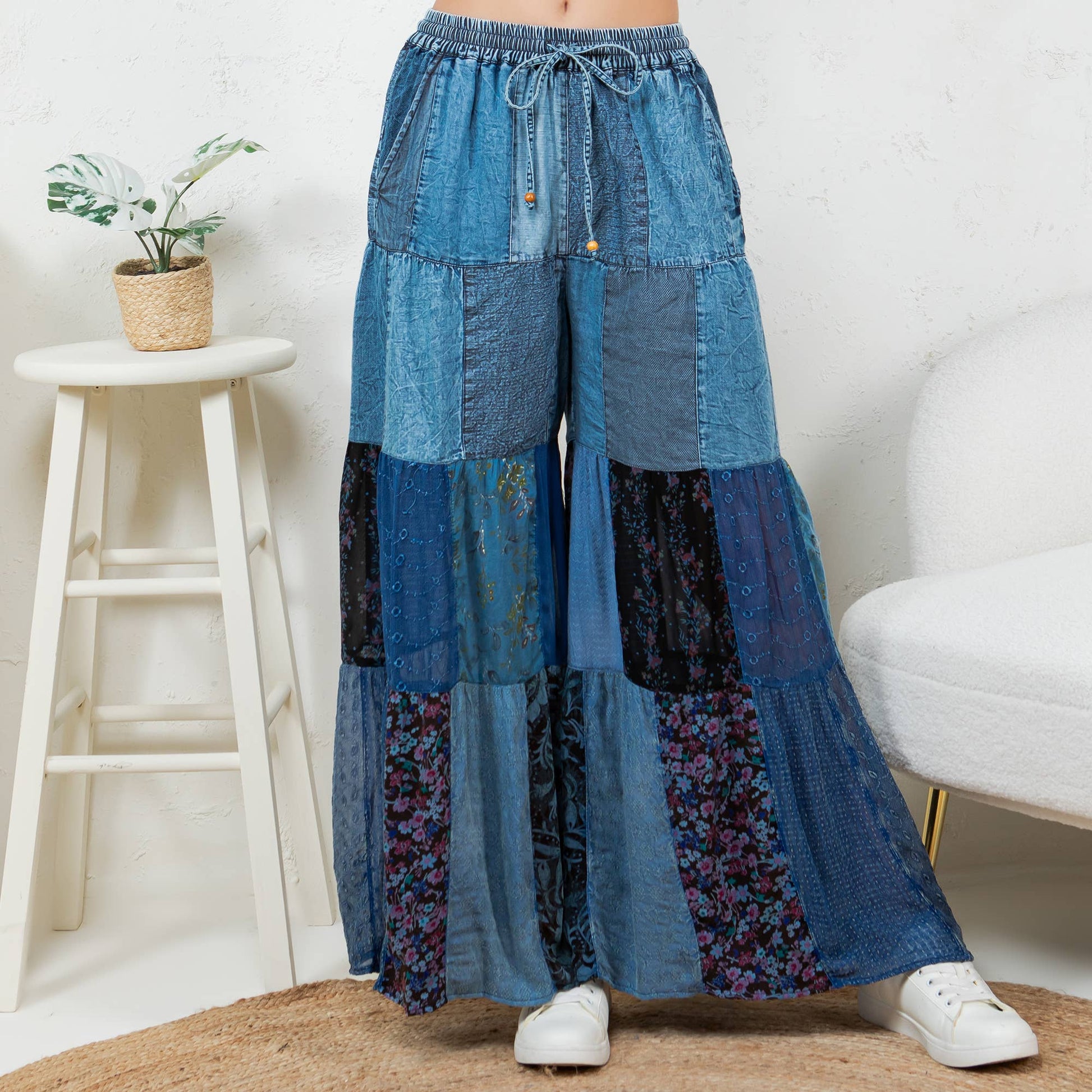 Boho Tiered Patch Inserted Denim Lace & Knit Pants