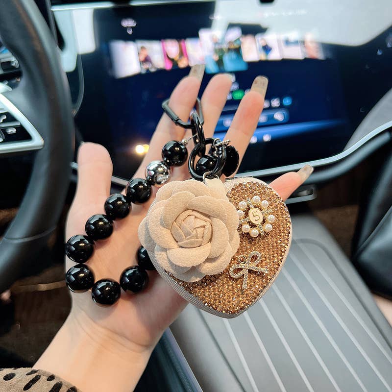 Heart Mirror Keychain with Flower and Pearl Charm 60261