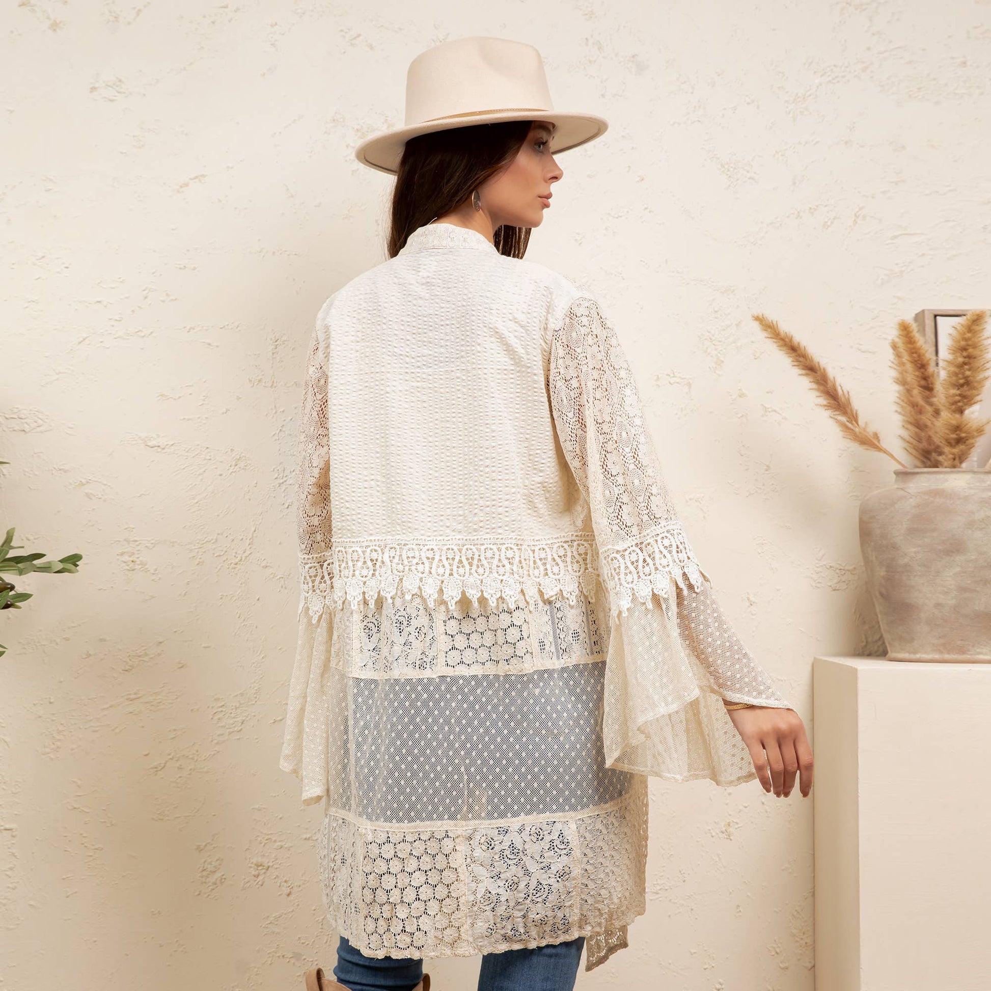 Western Boho Chic Motif Embroidered Denim Long Shrug