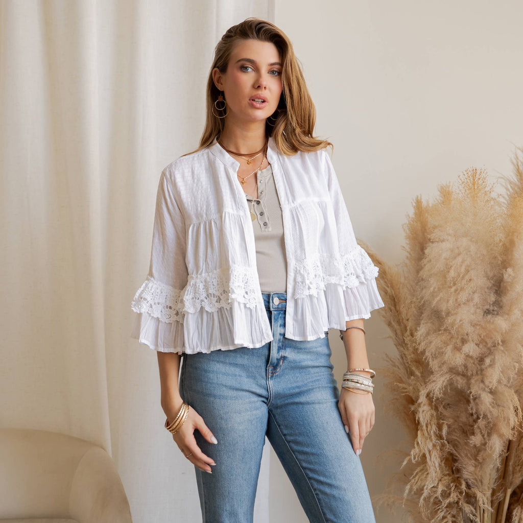 Boho Tiered Crochet Lace Open Front Shrug