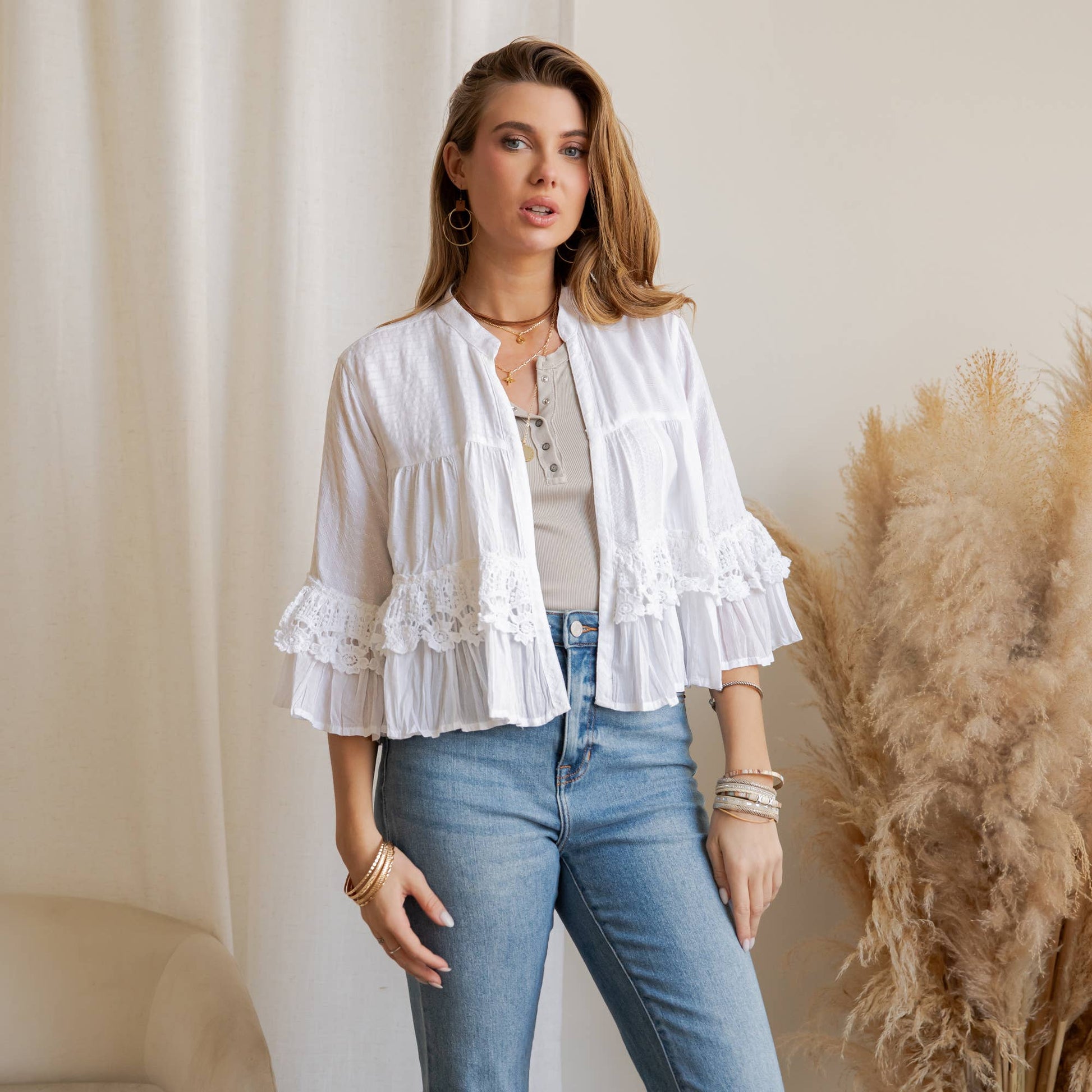 Boho Tiered Crochet Lace Open Front Shrug