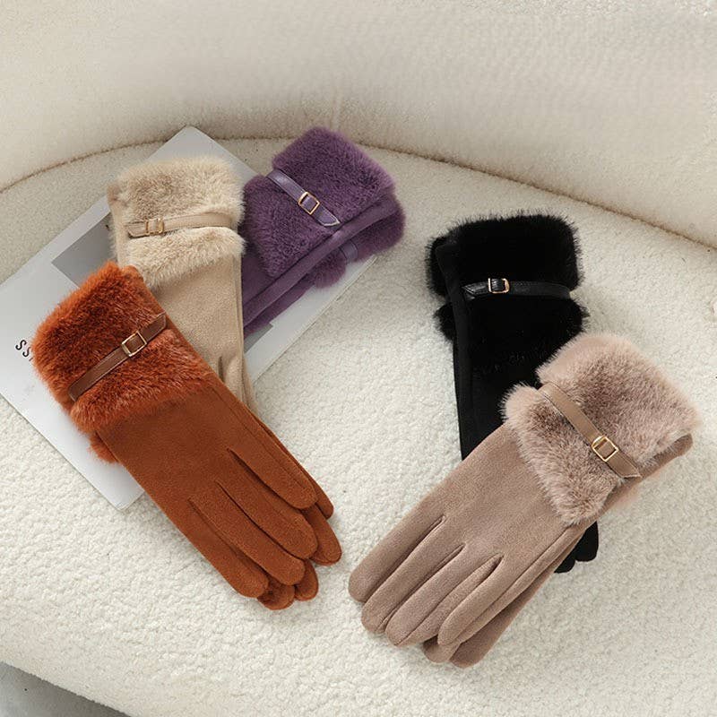 Faux Suede Gloves with Fur and Belt Accent