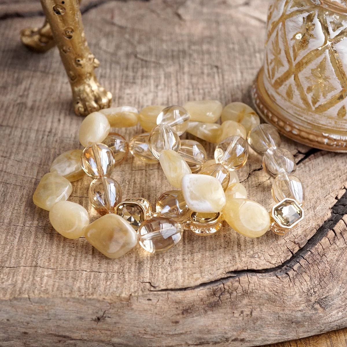 Smoky Radiance – Sculpted Bead & Crystal Stretch Bracelet Set