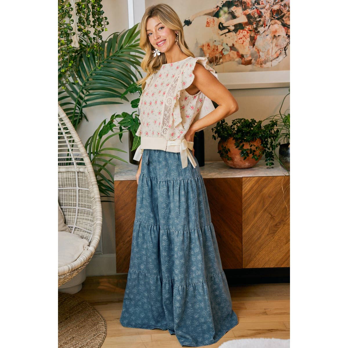 Daisy Tiered Floral Denim Pants