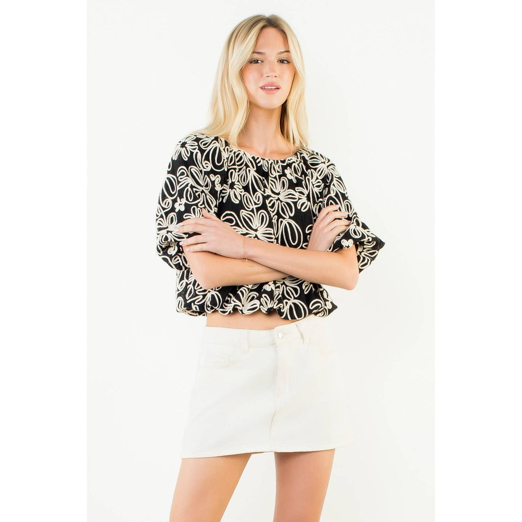 Puff Sleeve Floral Embroidery Detail Top