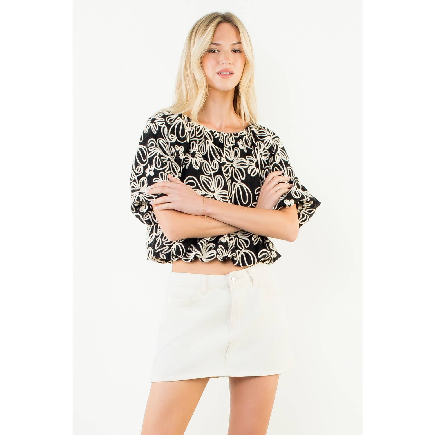 Puff Sleeve Floral Embroidery Detail Top