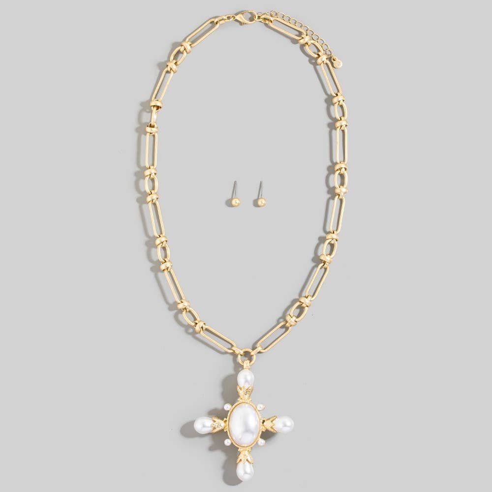 Chain Link Pearl Cross Pendant Necklace Set