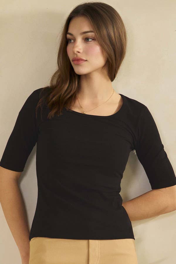 Pure Comfort Modern Mid Sleeve Ribbed Fitted Top