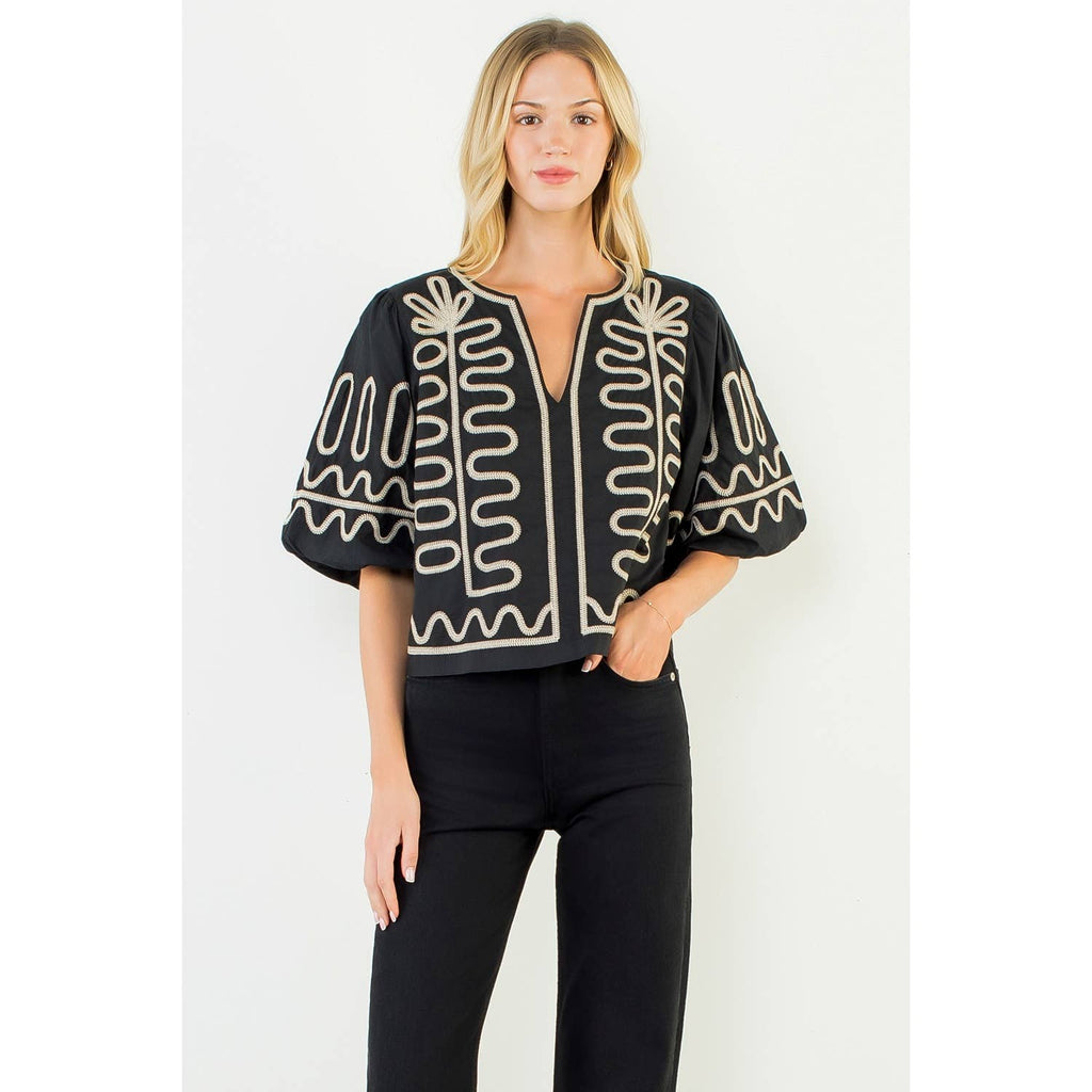 Puff Sleeve Embroidery Top
