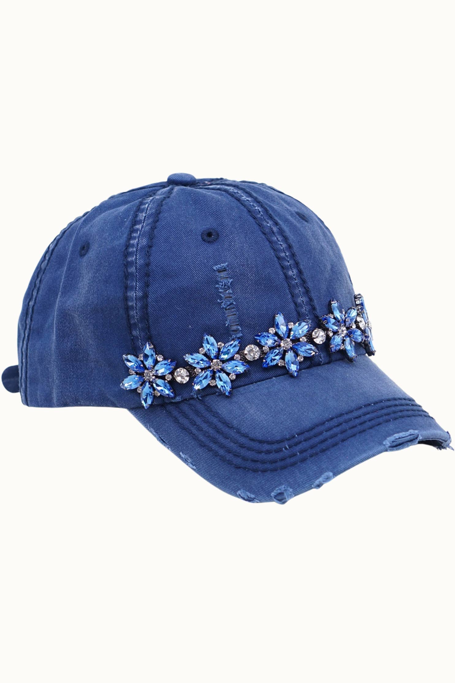 Bejeweled Bling Glitz Distressed Cap, Adjustable