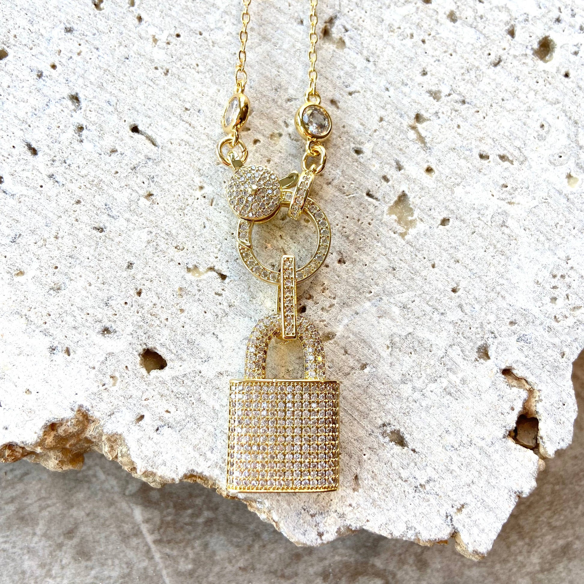 Micro Paved Gold Lock Necklace w/ Crystal