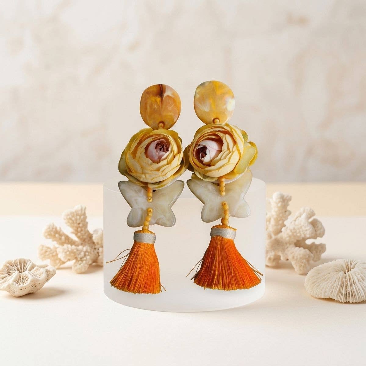 Yellow Oversized Flower Butterfly Tassel Earrings