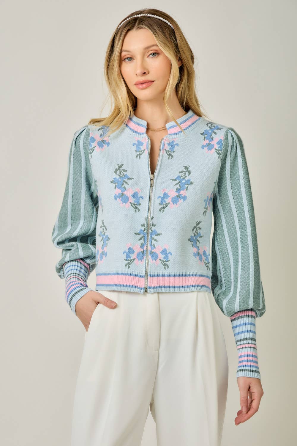 Sweater Floral Zip Bomber Jacket