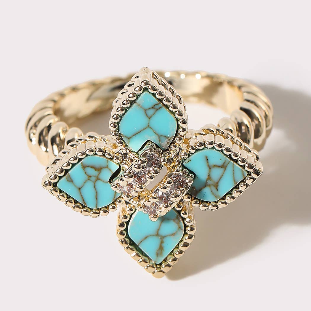 Gold Turquoise Clover CZ Ring