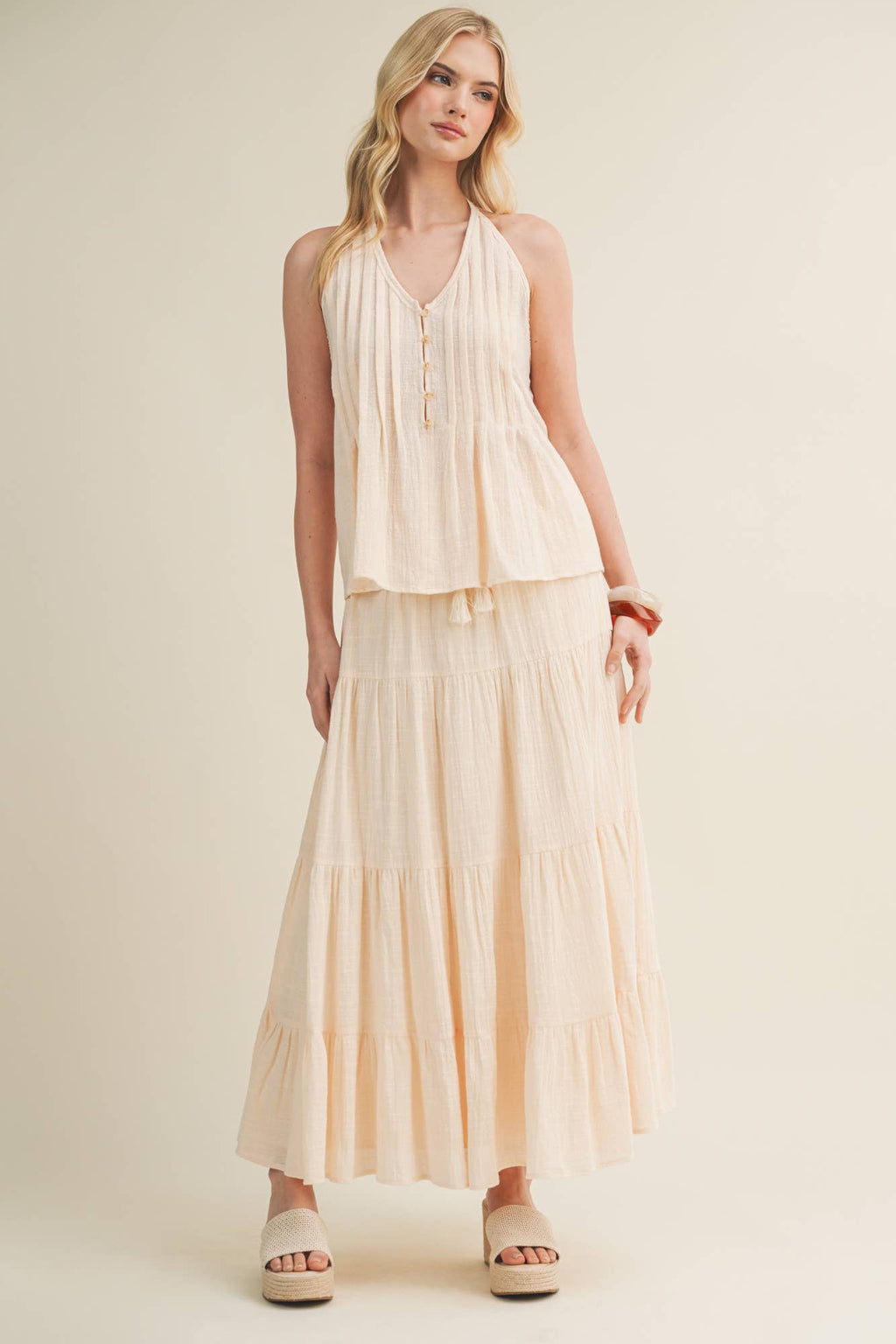 Textured Pintuck Tie-Back Halter Top