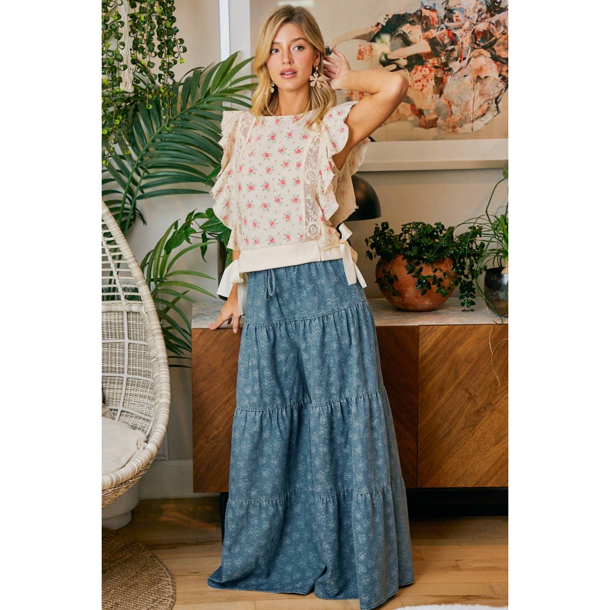 Daisy Tiered Floral Denim Pants