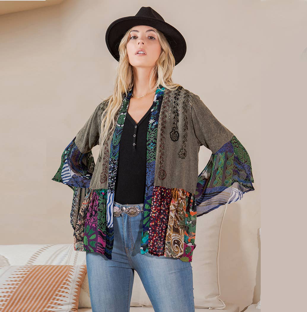 Boho Mixed Print Flowy Summer Shrug Top