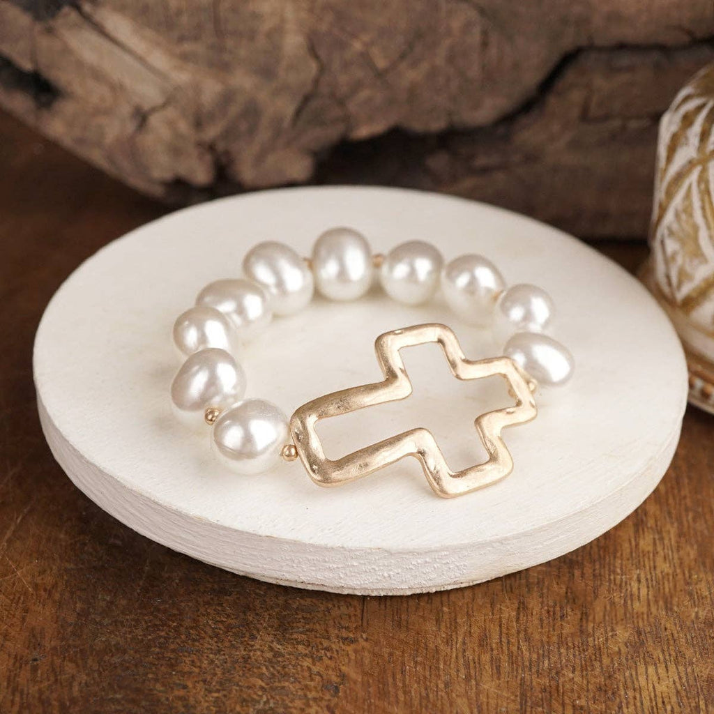 Statement Beaded Cross Bracelet – Chunky Pearl Cross Bracelet Gold Silver