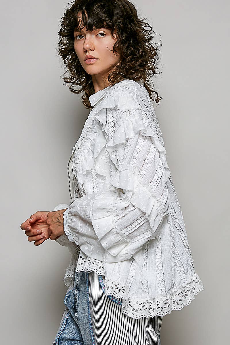 Eyelet Ruffle Floral Trim Lace Zip-Up Jacket