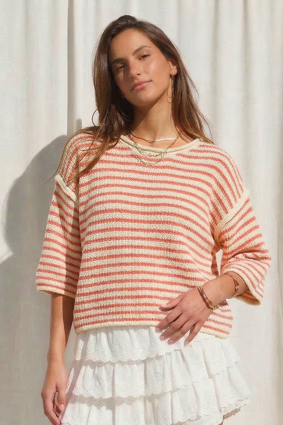 Loose Fit 3/4 Sleeve Striped Crew Neck Top