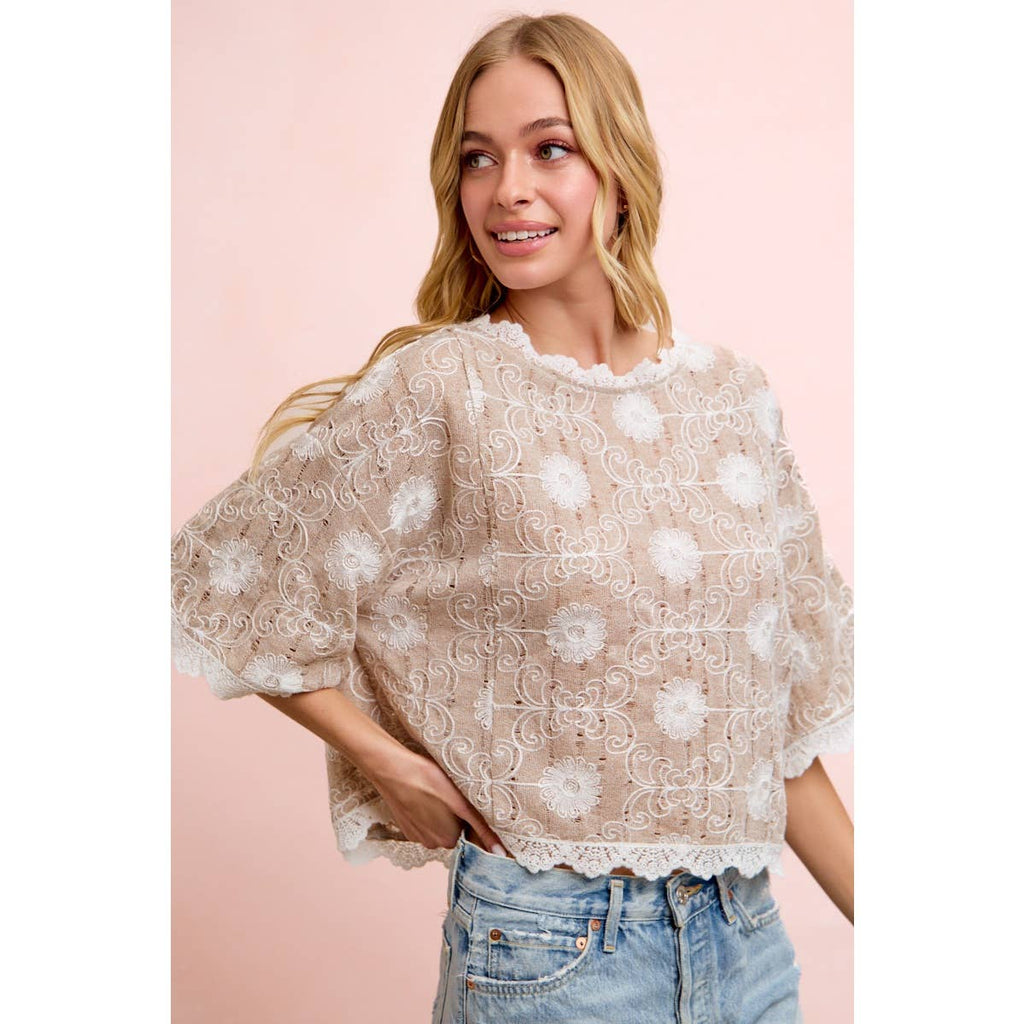 Flower Embroidery and Lace Boho Casual Short Sleeve Top