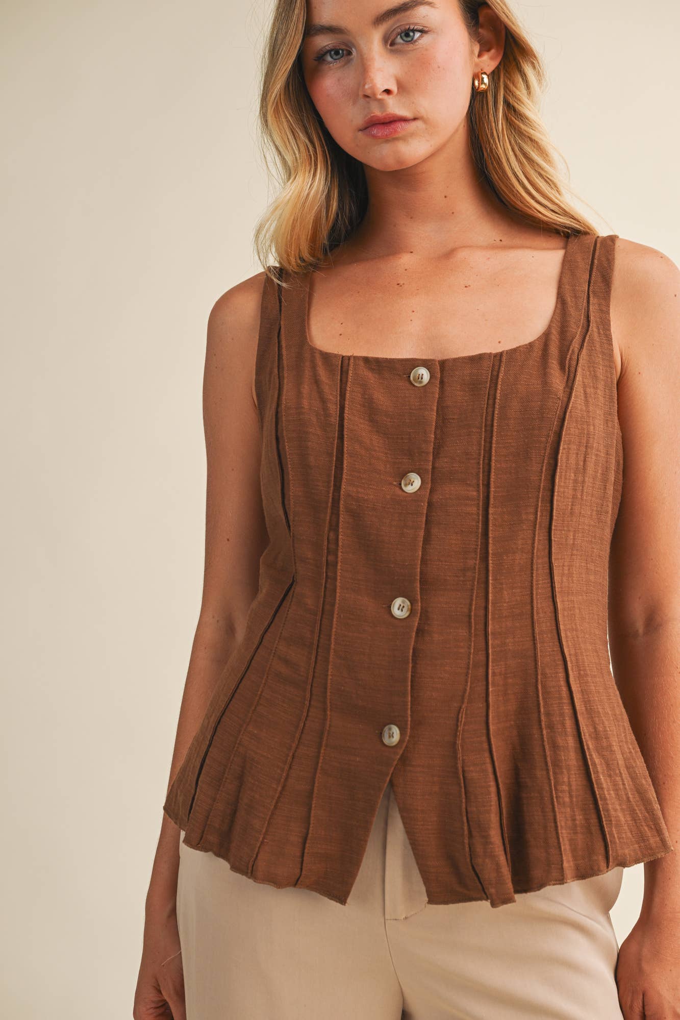 Square Neck Pintuck Buttoned Vest Top