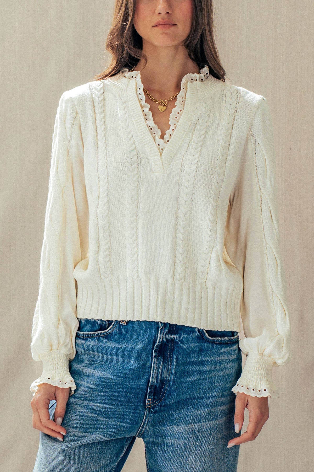 Elsie Lace Trim Cable Knit Sweater