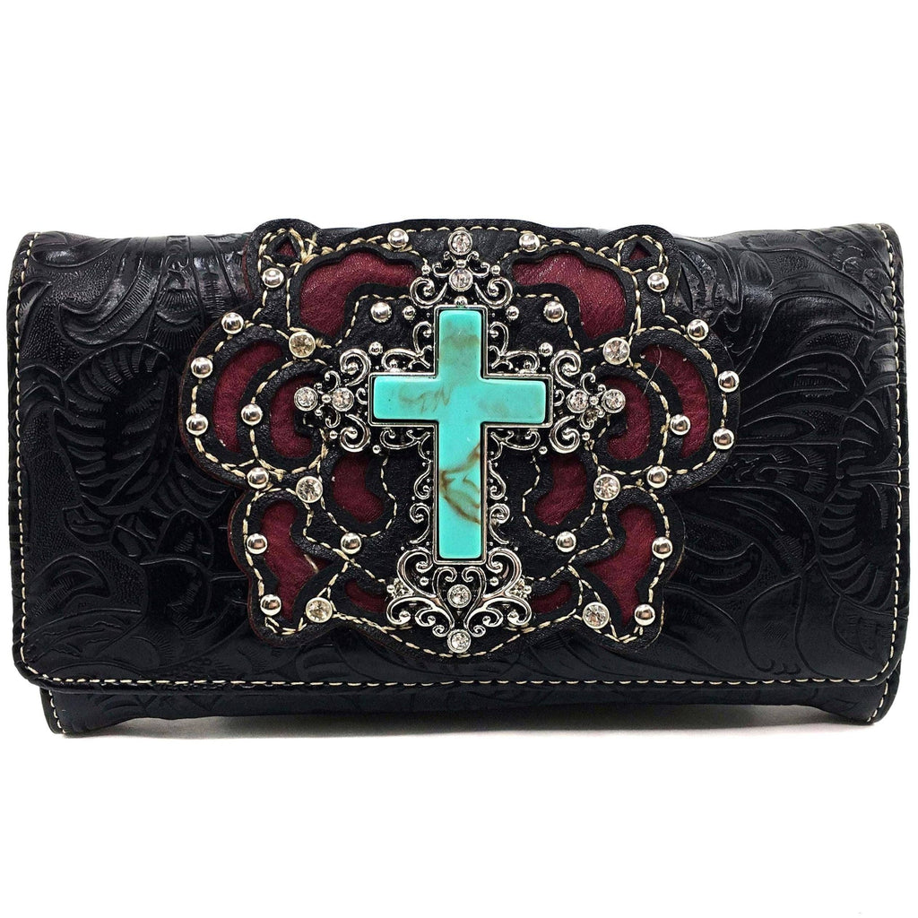 Turquoise Cross Floral Carving Crossbody Black Wallet