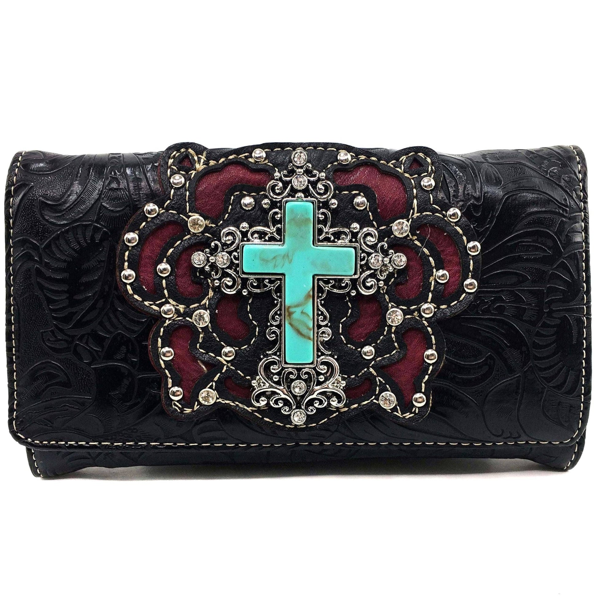 Turquoise Cross Floral Carving Crossbody Black Wallet