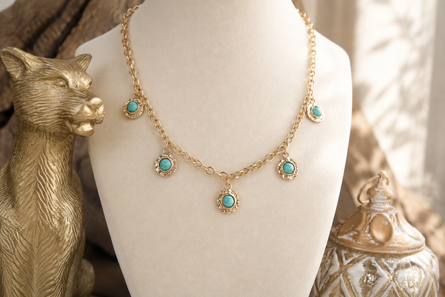 Cabochon Station Charm Necklace - Pearls Turquoise - Petite Glow
