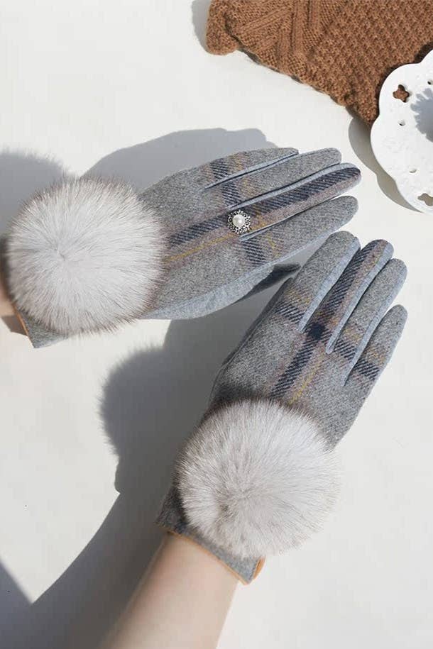 Checks Winter Gloves with Faux Fur Pompom