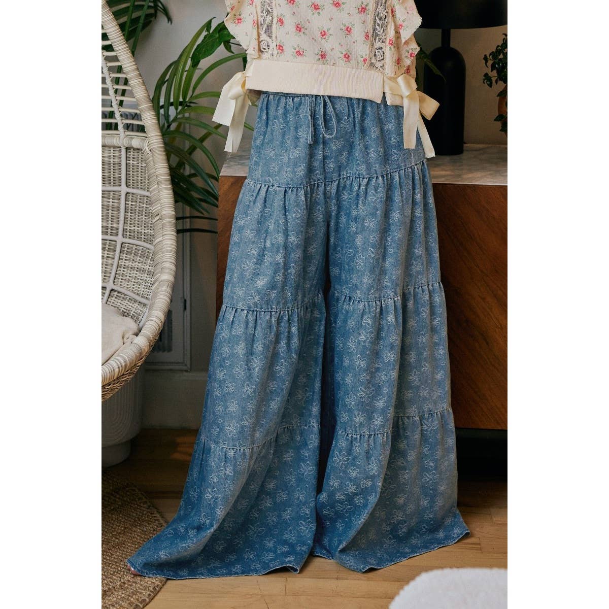 Daisy Tiered Floral Denim Pants