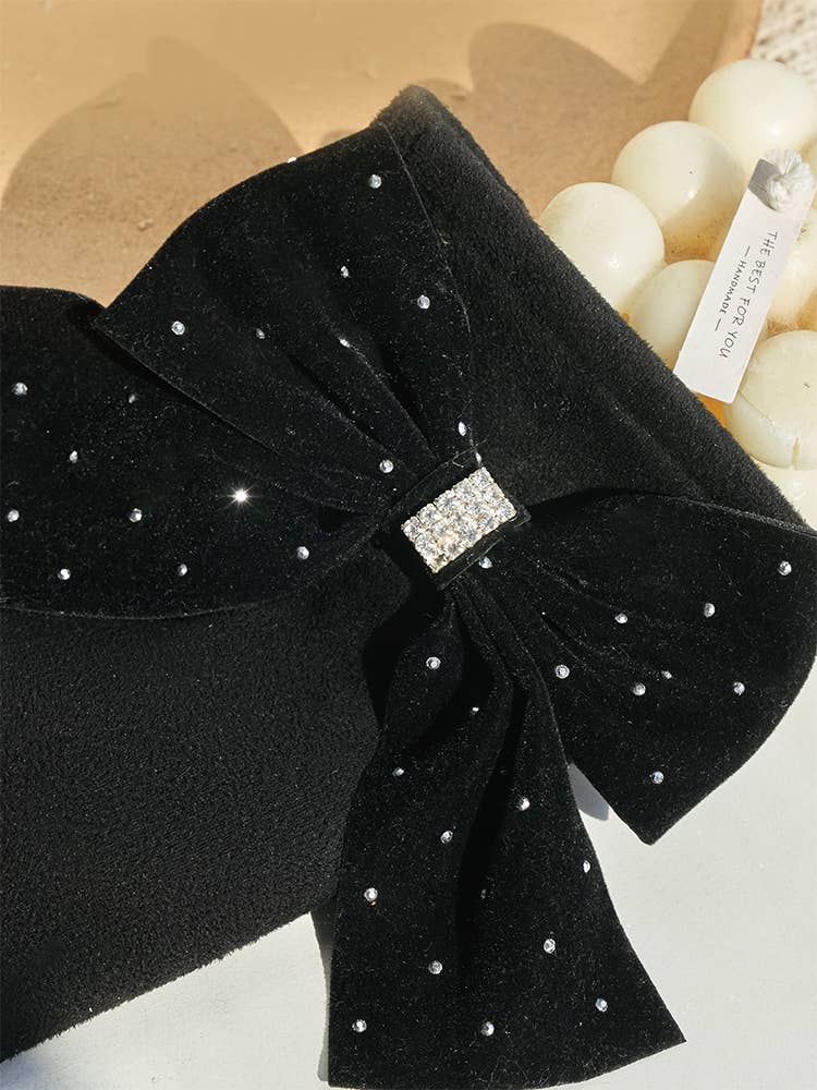 Velvet and Crystals Bow Gloves in Black
