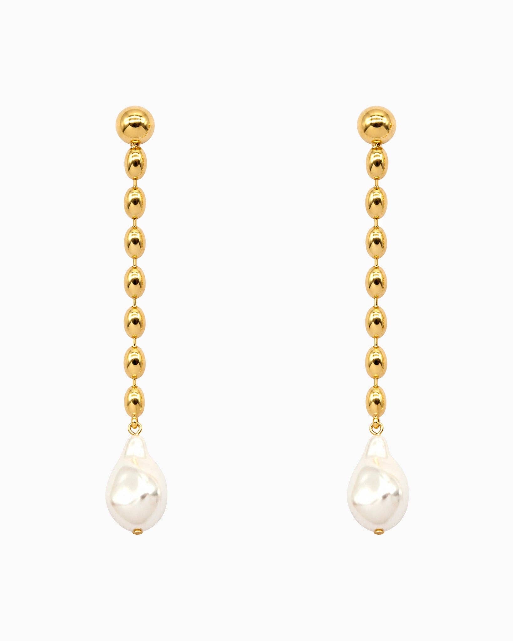 Gold Oval Chain Pearl Drop Earrings
