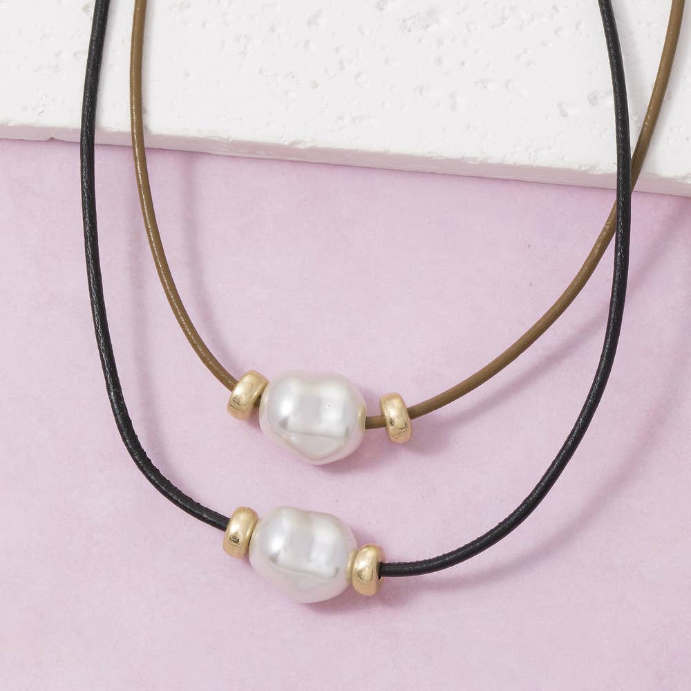 Leather Cord Baroque Pearl Station Necklace