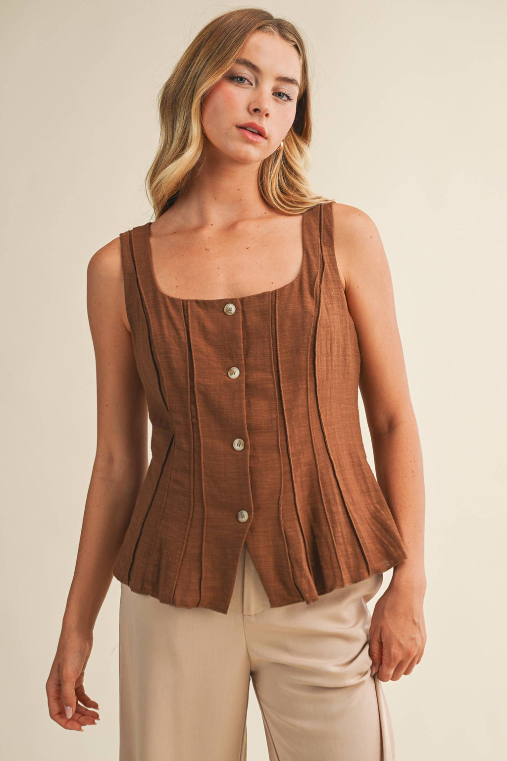 Square Neck Pintuck Buttoned Vest Top